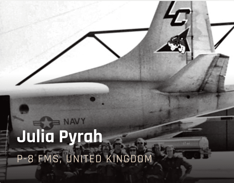 Profile image of Julia Pyrah with a Navy P-8 aircraft and crew in the background; card text shows 'Julia Pyrah' and 'P-8 MS, United Kingdom'.