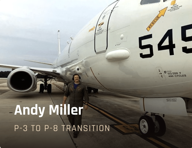 Presenter Andy Miller standing beside a large white aircraft on a tarmac, with the slide title 'P-3 to P-8 Transition' visible.