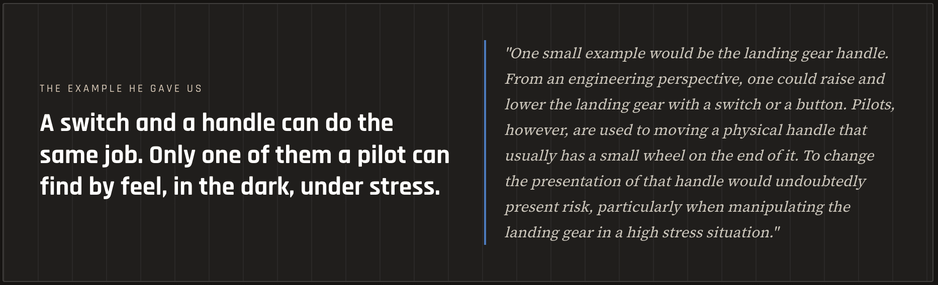 Split-screen infographic: left panel with bold statement about a switch and a handle; right panel shows a long italic quote about the landing gear handle, separated by a blue divider.