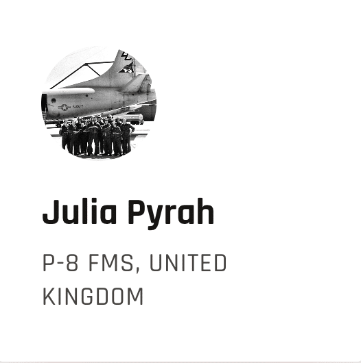 Profile card for Julia Pyrah: P-8 FMS, United Kingdom, with a circular grayscale photo of a jet and crew above the name.