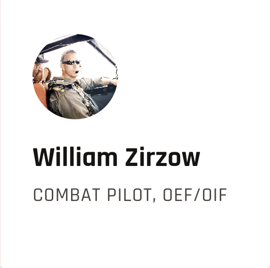 Circular photo of William Zirzow in a cockpit, labeled as a combat pilot who served in OEF/OIF.