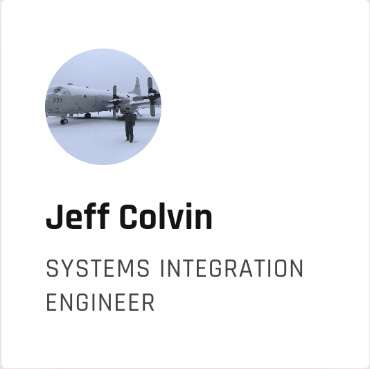 Profile card for Jeff Colvin, Systems Integration Engineer, with a circular photo of him by an airplane on the tarmac.