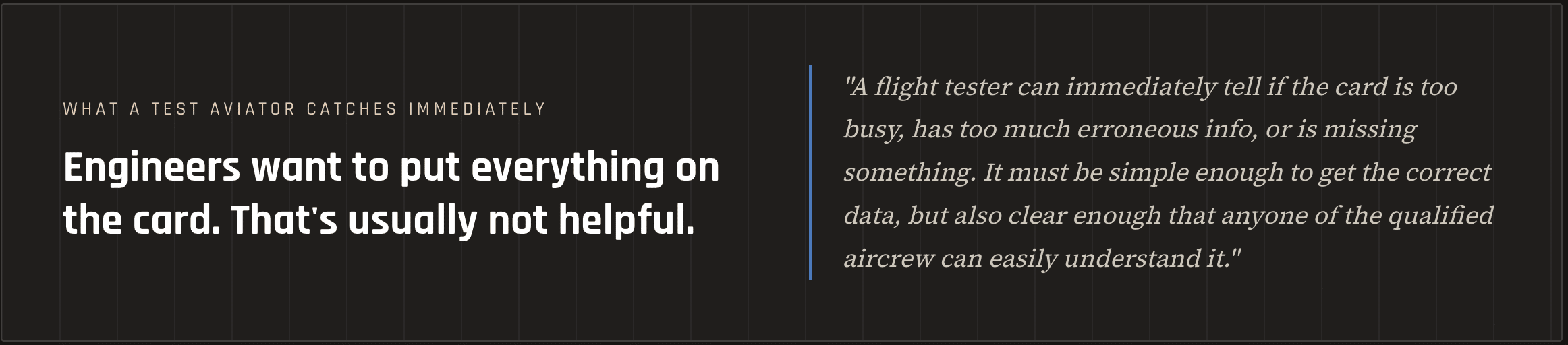 Split hero: left column shows small-caps caption 'WHAT A TEST AVIATOR CATCHES IMMEDIATELY' and a bold headline about engineers; right column has a blue divider and an italic quote about flight testers needing simple, clear data.